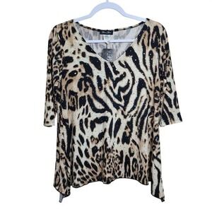Leopard Print Rhinestone V-Neck Tunic Top S 3/4 Sleeve Glam Y2K Diva NWT